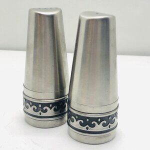 Vintage Salt And Pepper Shaker Set Stainless Steel Deluxe Black Wave Inlay Japan